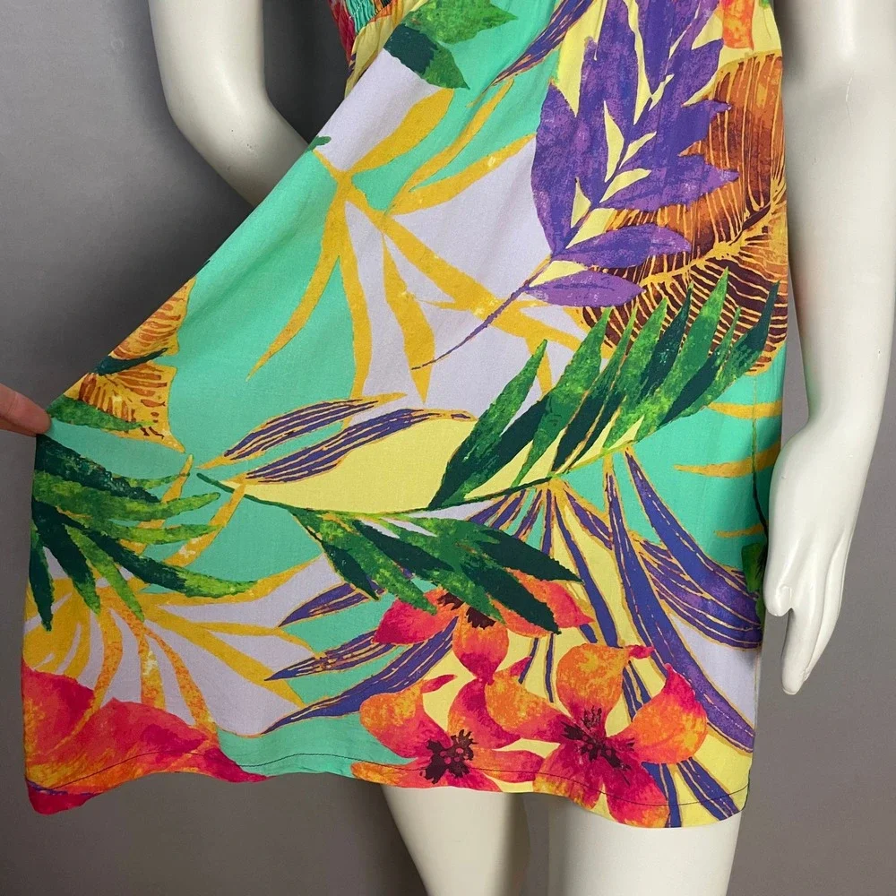 Hula Moon by Jams World Strapless Mini Dress Hawaiian Floral Smocked Medium